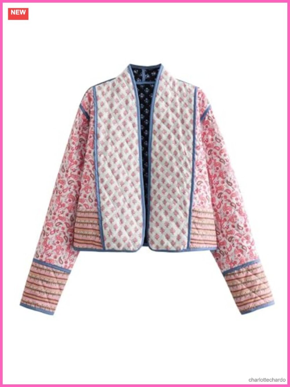 Quilted Lightweight Floral Cropped Jacket Open Front Cotton